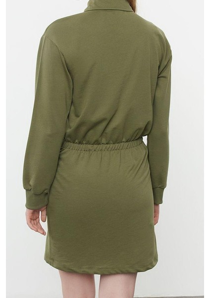 Moda Stil Regular Polo Yaka Mini Boy Düz Vücuda Oturan Örme Elbise