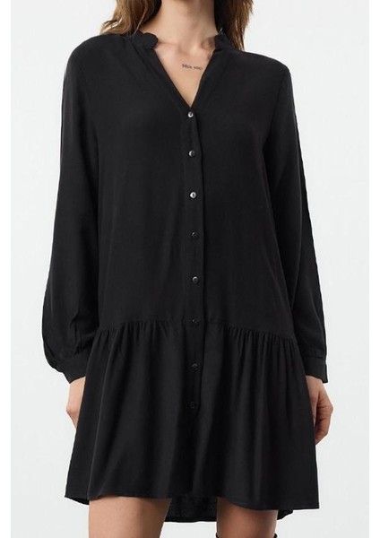 Moda Stil Regular Hakim Yaka Mini Boy Kalın Viskon Dokuma Gömlek Elbise