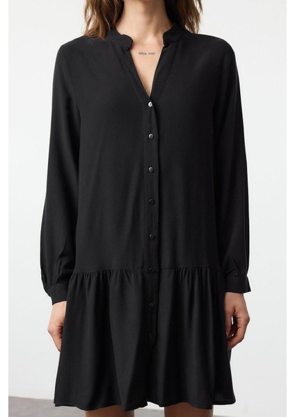 Moda Stil Regular Hakim Yaka Mini Boy Kalın Viskon Dokuma Gömlek Elbise modelleri