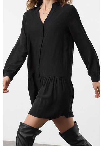 Moda Stil Regular Hakim Yaka Mini Boy Kalın Viskon Dokuma Gömlek Elbise fırsatları