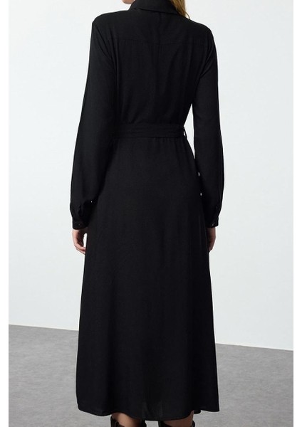 Moda Stil Relaxed Gömlek Yaka Midi Boy Kuşaklı Viskon Dokuma Gömlek Elbise