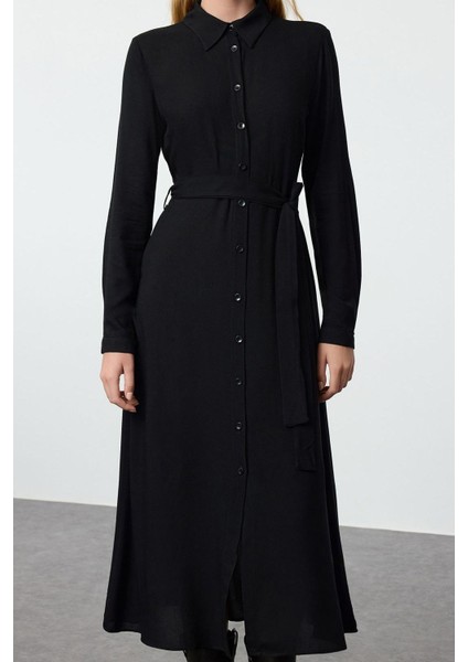 Moda Stil Relaxed Gömlek Yaka Midi Boy Kuşaklı Viskon Dokuma Gömlek Elbise