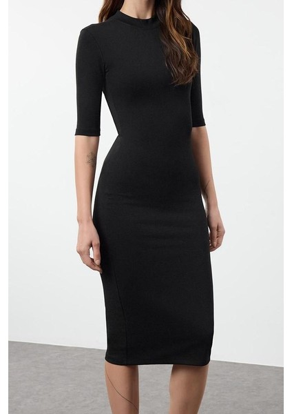 Moda Stil Slim Dik Yaka Midi Boy Bodycone Vücuda Oturan Truvakar Kol Örme Elbise