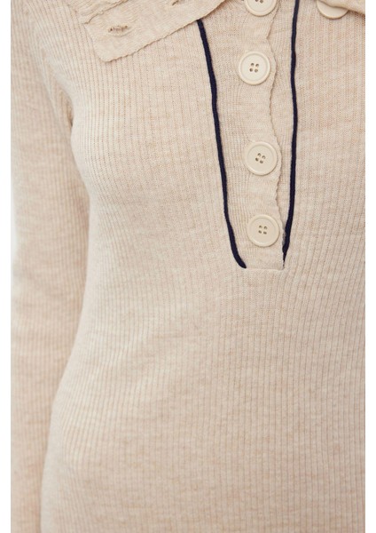 Moda Stil Regular Polo Yaka Midi Boy Triko Çizgili Biye Detaylı Elbise fiyatları