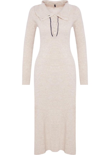 Moda Stil Regular Polo Yaka Midi Boy Triko Çizgili Biye Detaylı Elbise modelleri