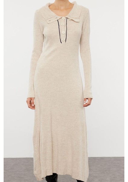 Moda Stil Regular Polo Yaka Midi Boy Triko Çizgili Biye Detaylı Elbise fırsatları