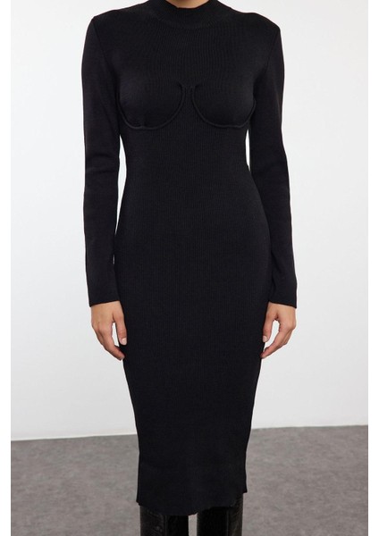 Moda Stil Slim Dik Yaka Midi Boy Triko Korse Detaylı Yumuşak Dokulu Elbise modelleri