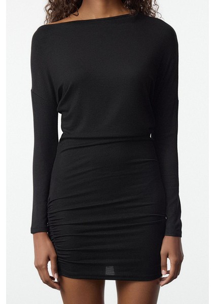 Moda Stil Slim Asimetrik Yaka Mini Boy Bodycone Vücuda Oturan Örme Elbise modelleri