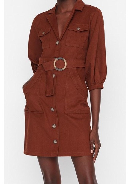 Moda Stil Regular Ceket Yaka Mini Boy Bağlama Detaylı Dokuma Elbise