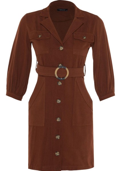 Moda Stil Regular Ceket Yaka Mini Boy Bağlama Detaylı Dokuma Elbise modelleri