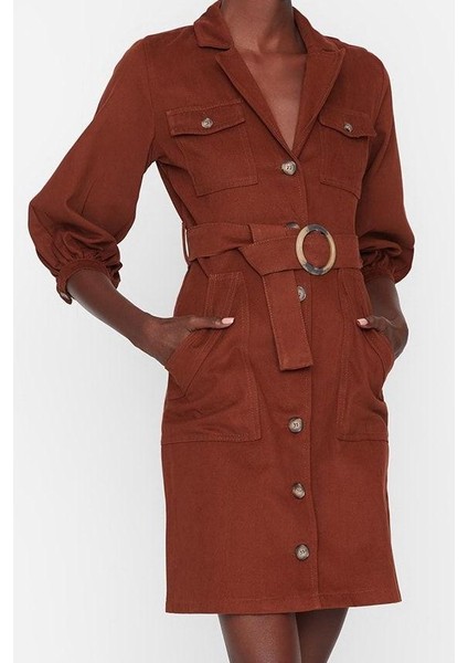 Moda Stil Regular Ceket Yaka Mini Boy Bağlama Detaylı Dokuma Elbise fırsatları