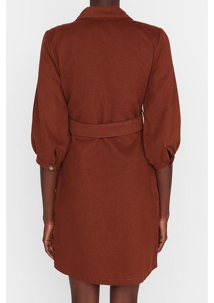 Moda Stil Regular Ceket Yaka Mini Boy Bağlama Detaylı Dokuma Elbise indirimleri
