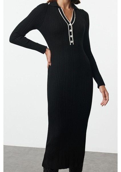 Moda Stil Slim Polo Yaka Midi Boy Taş Renk Bloklu Triko Premium Iplik Özel Iplik Elbise
