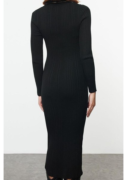 Moda Stil Slim Polo Yaka Midi Boy Taş Renk Bloklu Triko Premium Iplik Özel Iplik Elbise indirimleri