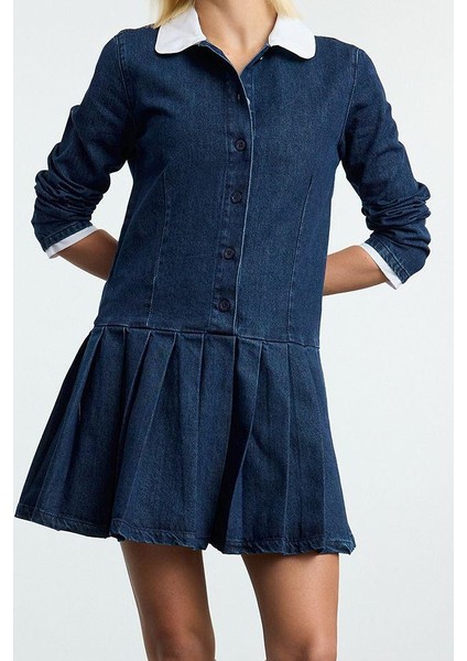 Moda Stil Denim Gömlek Yaka Mini Boy Pileli Elbise