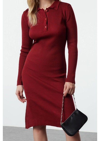 Moda Stil Slim Polo Yaka Midi Boy Triko Elbise