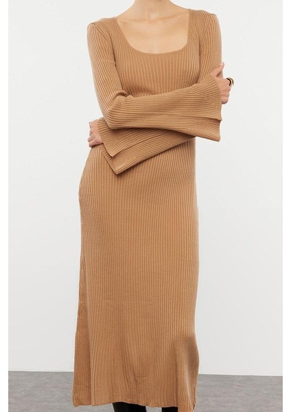 Moda Stil Slim Kare Yaka Midi Boy Triko Basic Kol Ucu Detaylı Elbise