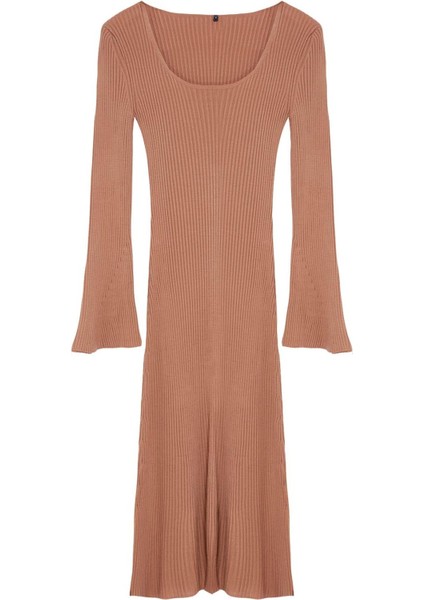 Moda Stil Slim Kare Yaka Midi Boy Triko Basic Kol Ucu Detaylı Elbise