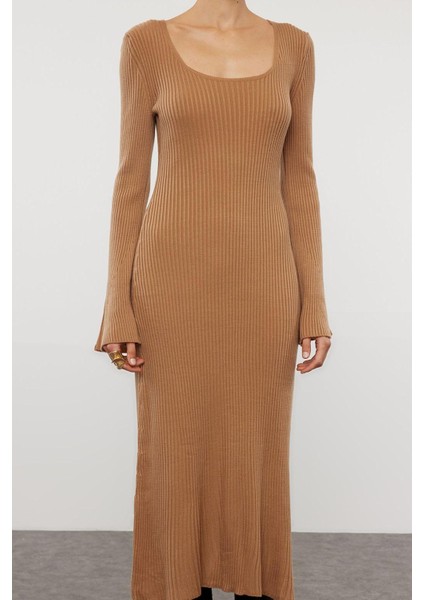 Moda Stil Slim Kare Yaka Midi Boy Triko Basic Kol Ucu Detaylı Elbise