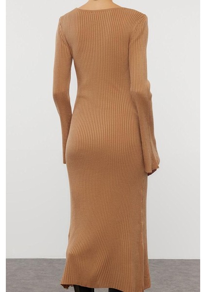 Moda Stil Slim Kare Yaka Midi Boy Triko Basic Kol Ucu Detaylı Elbise
