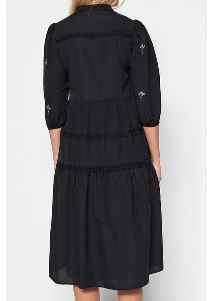 Moda Stil Regular Gömlek Yaka Midi Boy Düz Kesim Nakışlı Dokuma Elbise