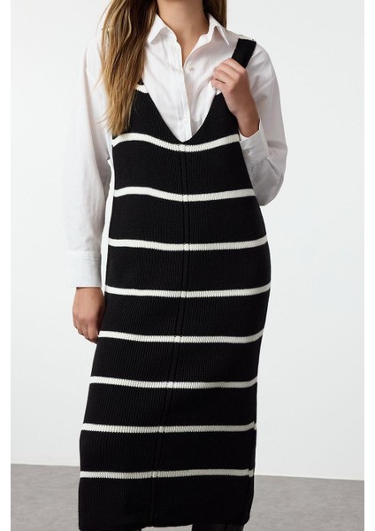 Moda Stil Regular V Yaka Maxi Boy Siyah Triko Jile Elbise