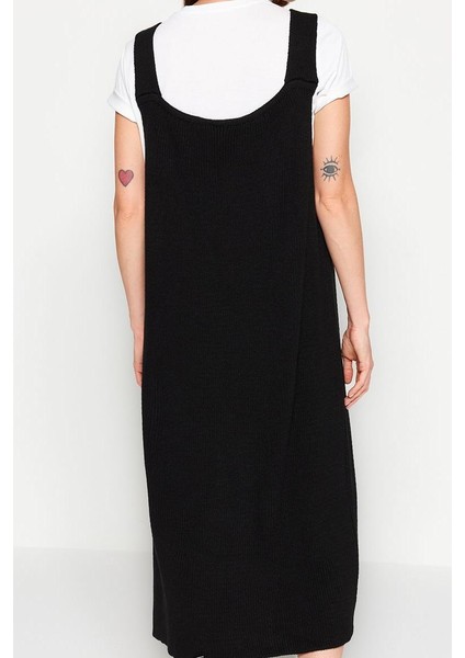 Moda Stil Regular V Yaka Maxi Boy Siyah Triko Jile Elbise