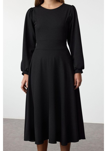 Moda Stil Relaxed Bisiklet Yaka Maxi Boy Fermuarlı Balon Kol Eteği Fırfırlı Örme Elbise modelleri