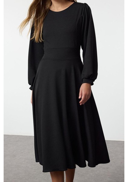 Moda Stil Relaxed Bisiklet Yaka Maxi Boy Fermuarlı Balon Kol Eteği Fırfırlı Örme Elbise fırsatları
