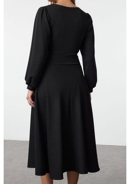 Moda Stil Relaxed Bisiklet Yaka Maxi Boy Fermuarlı Balon Kol Eteği Fırfırlı Örme Elbise indirimleri
