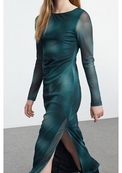 Moda Stil Slim Kayık Yaka Maxi Boy Soyut Desenli Fitted Vücuda Oturan Tül Esnek Örme Elbise