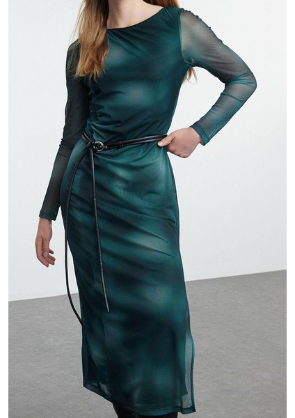 Moda Stil Slim Kayık Yaka Maxi Boy Soyut Desenli Fitted Vücuda Oturan Tül Esnek Örme Elbise