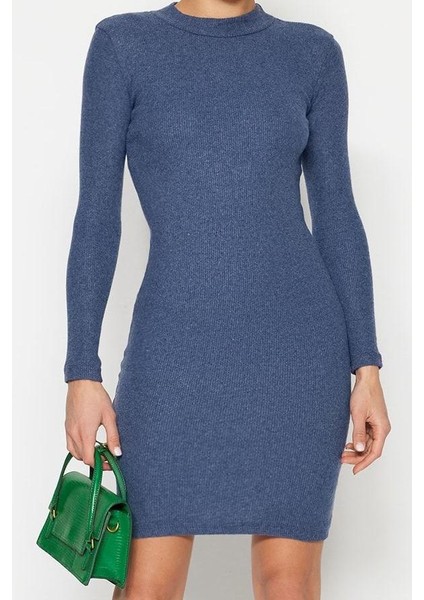 Moda Stil Slim Dik Yaka Mini Boy Indigo Vücuda Oturan Yarım Balıkçı Yaka Fitilli Esnek Örme Elbise