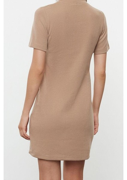Moda Stil Regular Dik Yaka Mini Boy A Kesim Çan Form Selanik Triko Görünümlü Örme Elbise