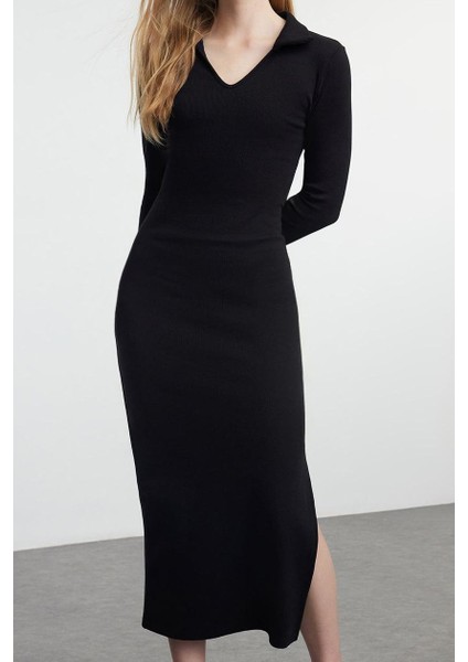 Moda Stil Fitted V Yaka Midi Boy Düz Polo Yaka Bodycone Vücuda Oturan Örme Elbise