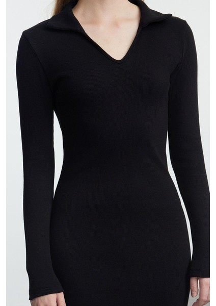 Moda Stil Fitted V Yaka Midi Boy Düz Polo Yaka Bodycone Vücuda Oturan Örme Elbise