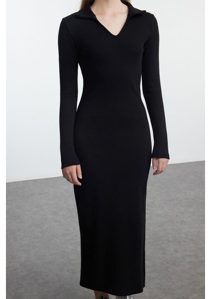 Moda Stil Fitted V Yaka Midi Boy Düz Polo Yaka Bodycone Vücuda Oturan Örme Elbise