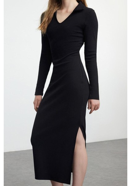 Moda Stil Fitted V Yaka Midi Boy Düz Polo Yaka Bodycone Vücuda Oturan Örme Elbise