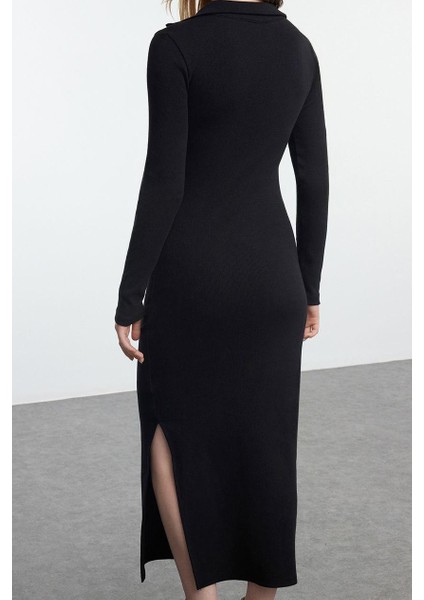 Moda Stil Fitted V Yaka Midi Boy Düz Polo Yaka Bodycone Vücuda Oturan Örme Elbise