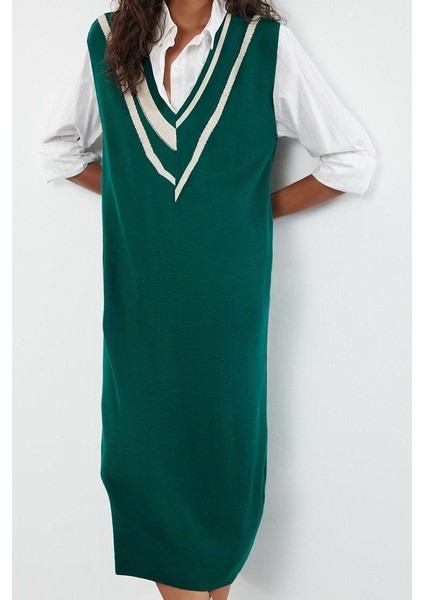 Moda Stil Regular V Yaka Midi Boy Triko Renk Bloklu Elbise