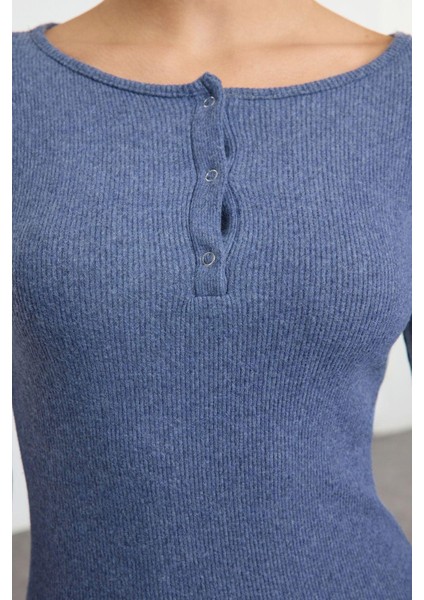 Moda Stil Slim Düğmeli Yaka Mini Boy Çıtçıt Detaylı Vücuda Oturan Fitilli Esnek Örme Kalem Elbise