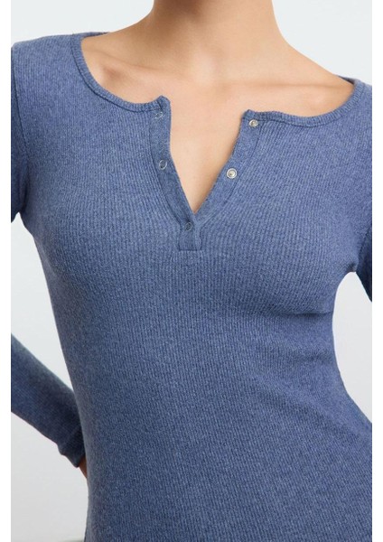 Moda Stil Slim Düğmeli Yaka Mini Boy Çıtçıt Detaylı Vücuda Oturan Fitilli Esnek Örme Kalem Elbise