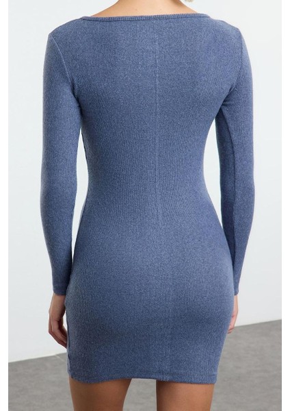Moda Stil Slim Düğmeli Yaka Mini Boy Çıtçıt Detaylı Vücuda Oturan Fitilli Esnek Örme Kalem Elbise