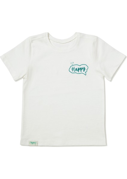 Yeşil Nakışlı Organik Pamuk T-Shirt (0-4 Yaş) / Ekru