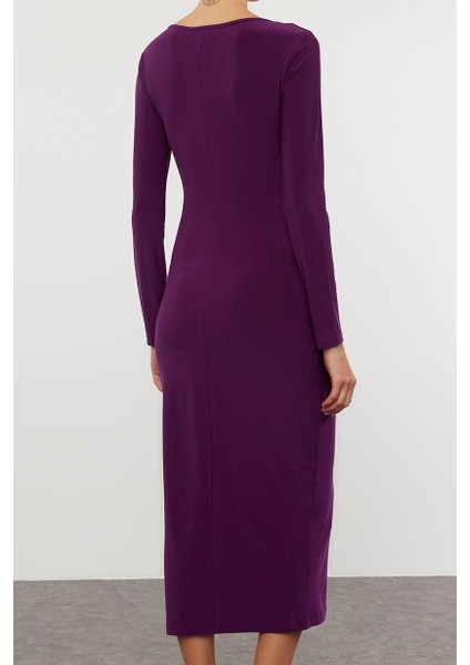 Moda Stil Fitted Kare Yaka Midi Boy Düz Vücuda Oturan Esnek Örme Elbise