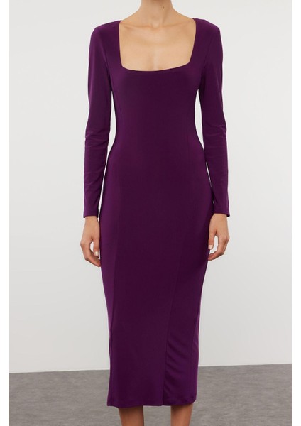 Moda Stil Fitted Kare Yaka Midi Boy Düz Vücuda Oturan Esnek Örme Elbise