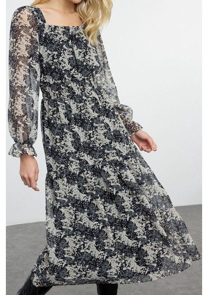 Moda Stil Regular Kare Yaka Maxi Boy Çiçek Desenli Skater Belden Açılan Dokuma Şifon Astarlı Elbise