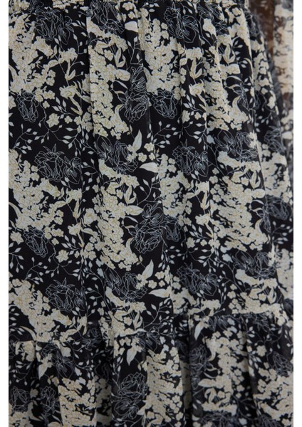 Moda Stil Regular Kare Yaka Maxi Boy Çiçek Desenli Skater Belden Açılan Dokuma Şifon Astarlı Elbise fiyatları