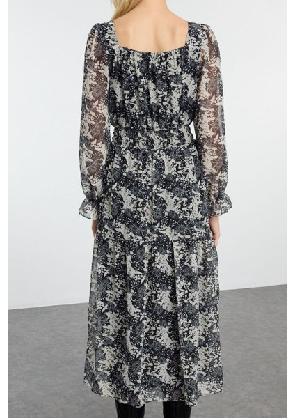 Moda Stil Regular Kare Yaka Maxi Boy Çiçek Desenli Skater Belden Açılan Dokuma Şifon Astarlı Elbise indirimleri