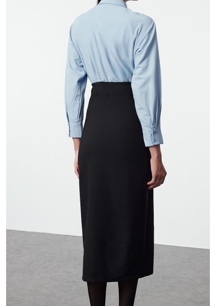 Moda Stil Regular Gömlek Yaka Midi Boy Fitted Vücuda Oturan Gömlek Detaylı Dokuma Elbise fiyatları